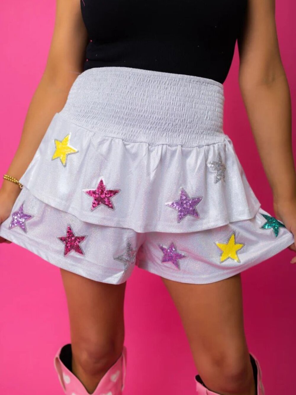 All the Stars are Closer Layered Sequin Star Shorts in Silver
